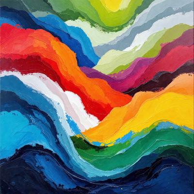 The primary subject of the image is a colorful painting featuring a mountainous landscape. The setting is a vibrant and lively scene with a variety of colors, including red, green, yellow, and blue. The visual style of the painting is a mix of digital art and illustration, creating a unique and captivating piece of art. The dominant colors and overall atmosphere of the painting are energetic, lively, and full of life, reflecting the beauty and excitement of the mountainous landscape.